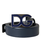 Blue Leather Metal Logo Buckle Belt Men