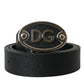 Black Leather Oval Logo Buckle Belt Men