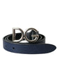 Blue Leather Silver Metal Logo Buckle Belt Men