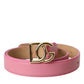 Pink Leather Gold Logo Metal Buckle Belt