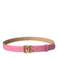 Pink Leather Gold Logo Metal Buckle Belt