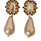 Gold Brass Crystal Faux Pearl Clip On Dangling Earrings