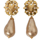 Gold Brass Crystal Faux Pearl Clip On Dangling Earrings