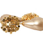 Gold Brass Crystal Faux Pearl Clip On Dangling Earrings