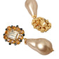 Gold Brass Crystal Faux Pearl Clip On Dangling Earrings