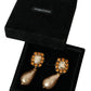 Gold Brass Crystal Faux Pearl Clip On Dangling Earrings