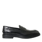 Black Leather Flat Slip On Loafers Shoes