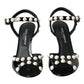 Black Embellished Leather Sandals Heels Shoes
