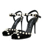 Black Embellished Leather Sandals Heels Shoes