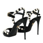 Black Embellished Leather Sandals Heels Shoes