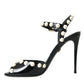 Black Embellished Leather Sandals Heels Shoes