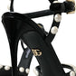 Black Embellished Leather Sandals Heels Shoes