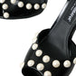 Black Embellished Leather Sandals Heels Shoes