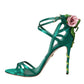 Green Flower Satin Heels Sandals Shoes