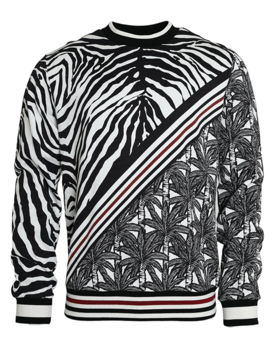 Black White Cotton Zebra Tree Crew Neck Sweater