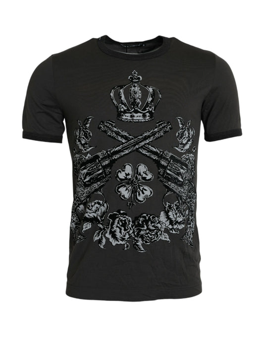Gray Crown Floral Cotton Crew Neck T-shirt