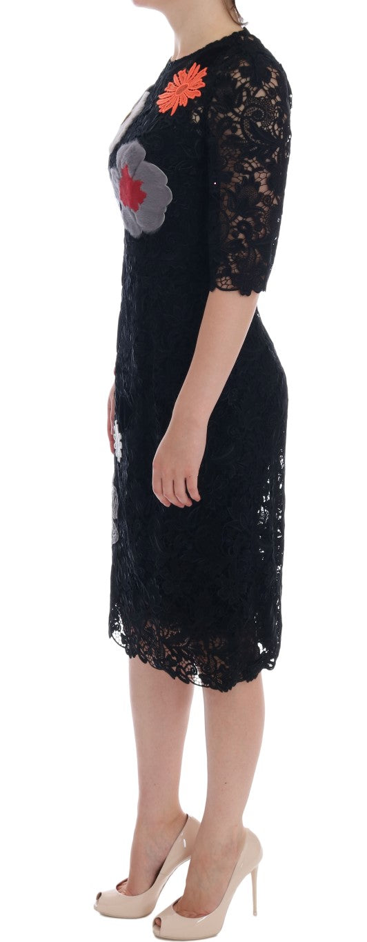 Elegant Black Floral Lace Embroidered Sheath Dress