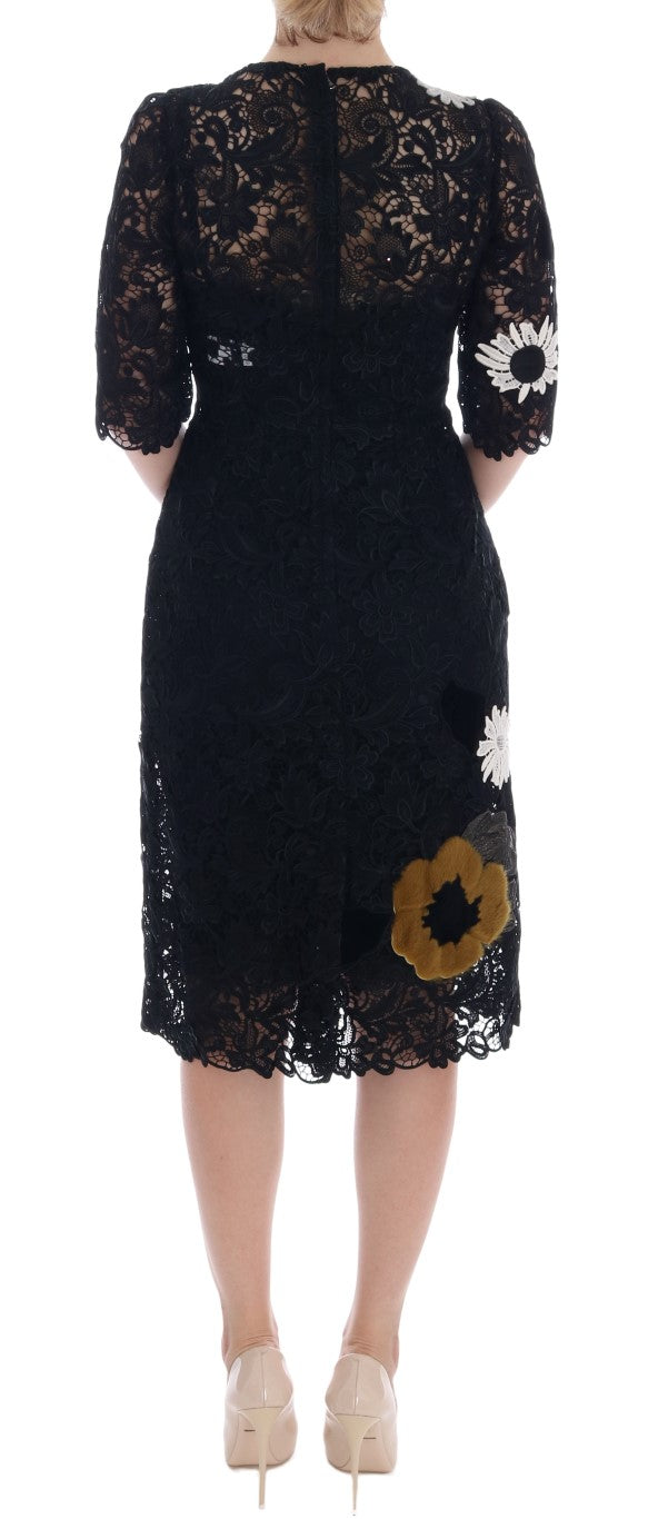Elegant Black Floral Lace Embroidered Sheath Dress