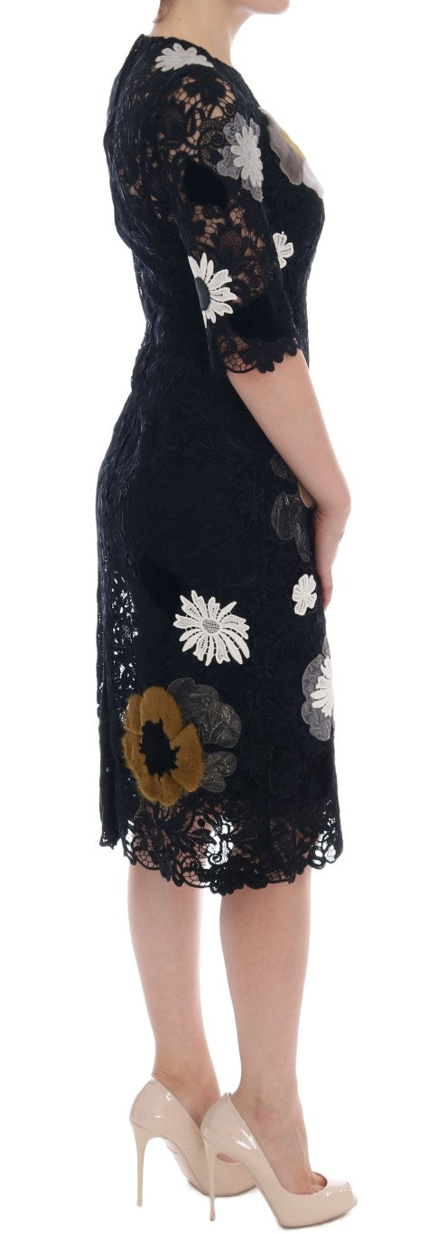 Elegant Black Floral Lace Embroidered Sheath Dress