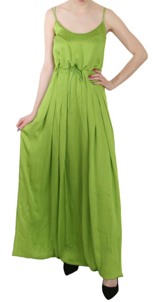 Green Spaghetti Strap Long A-line Pleated Dress