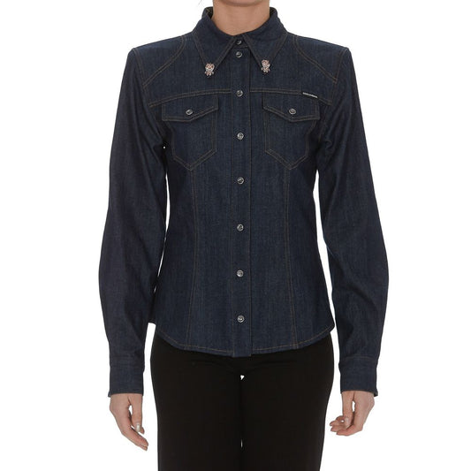 Elegant Blue Denim Rhinestone Collared Shirt