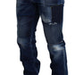 Blue Washed Patchwork Straight Fit Denim Jeans