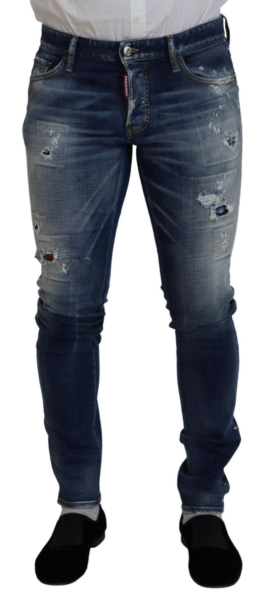 Blue Washed Cotton Tattered Skinny Denim Jeans