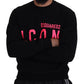 Black Printed Long Sleeves Pullover Sweater
