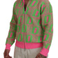 Pink Green Collared Long Sleeves Full Zip Sweater