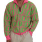 Pink Green Collared Long Sleeves Full Zip Sweater