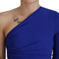 Blue Viscose One Shoulder Bodycon Ruched Mini Dress