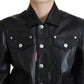Black Leather Collared Long Sleeves Jacket