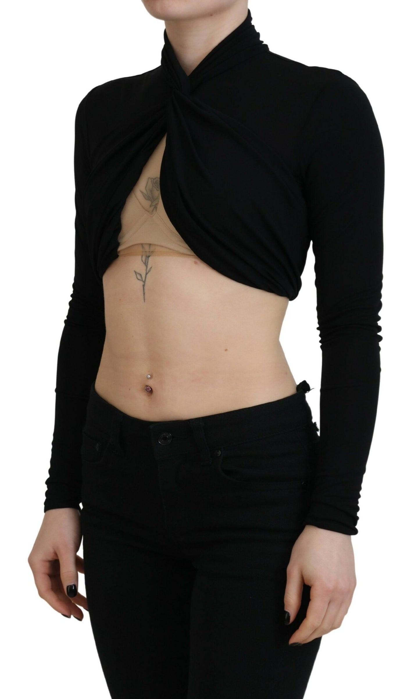 Black Cut Out Viscose Cropped Long Sleeves Top