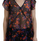 Black Floral Print Short Sleeves V-neck Blouse Top