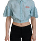 Blue Collared Button Down Short Sleeve Cropped Top