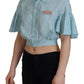 Blue Collared Button Down Short Sleeve Cropped Top