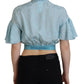 Blue Collared Button Down Short Sleeve Cropped Top