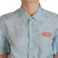 Blue Collared Button Down Short Sleeve Cropped Top