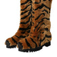 Brown Tiger Fur Leather Mid Calf Boots Shoes