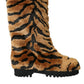 Brown Tiger Fur Leather Mid Calf Boots Shoes