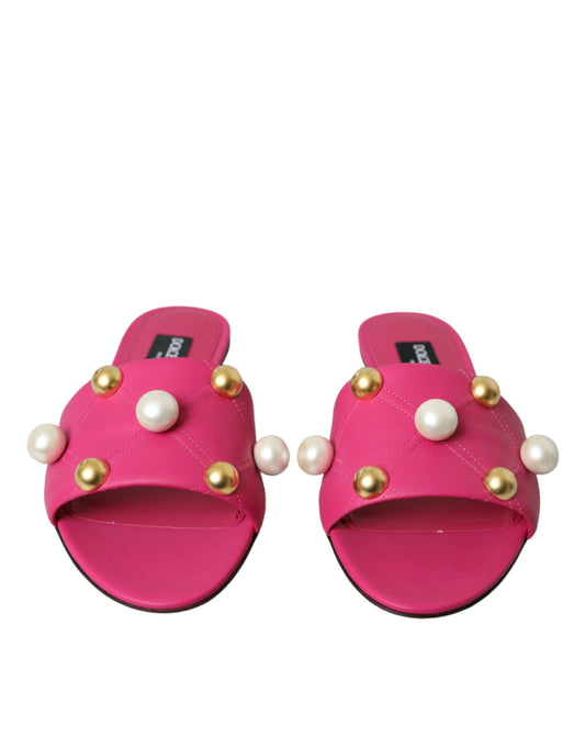 Pink Embellished Leather Flats Sandals Shoes