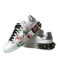 White Leather Crystal Roses Floral Sneakers Shoes
