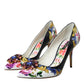 Multicolor Floral Leather Crystal Heels Pumps Shoes