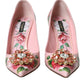 Pink Floral Leather Crystal Heels Pumps Shoes