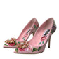 Pink Floral Leather Crystal Heels Pumps Shoes