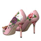 Pink Floral Leather Crystal Heels Pumps Shoes