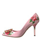 Pink Floral Leather Crystal Heels Pumps Shoes