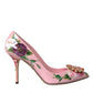 Pink Floral Leather Crystal Heels Pumps Shoes