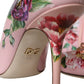 Pink Floral Leather Crystal Heels Pumps Shoes