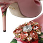 Pink Floral Leather Crystal Heels Pumps Shoes